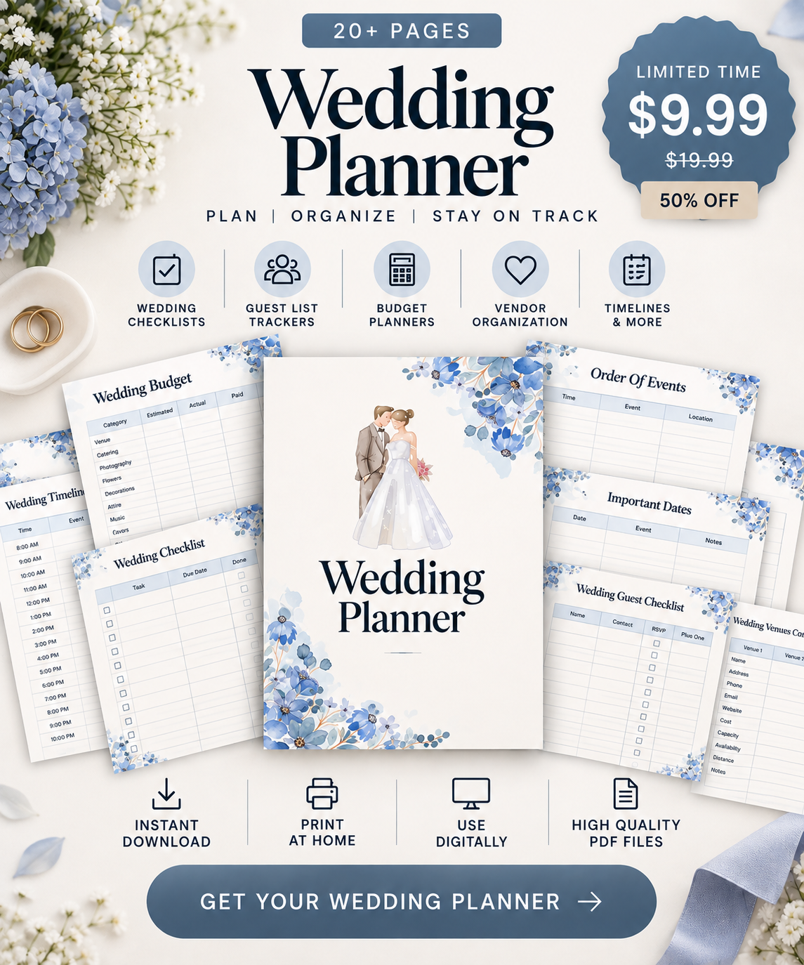 Wedding Planner Canva Template | 20+ Page Wedding Planning Organizer