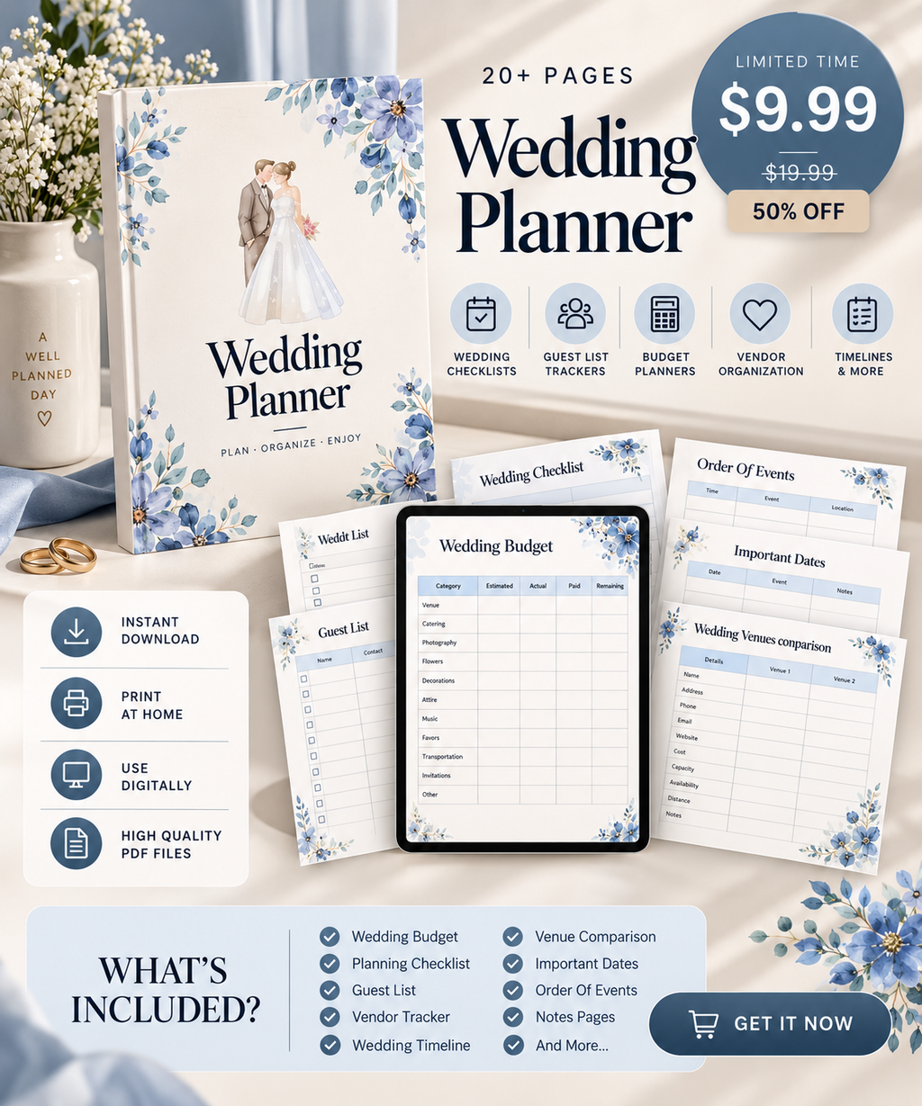 Wedding Planner Canva Template | 20+ Page Wedding Planning Organizer