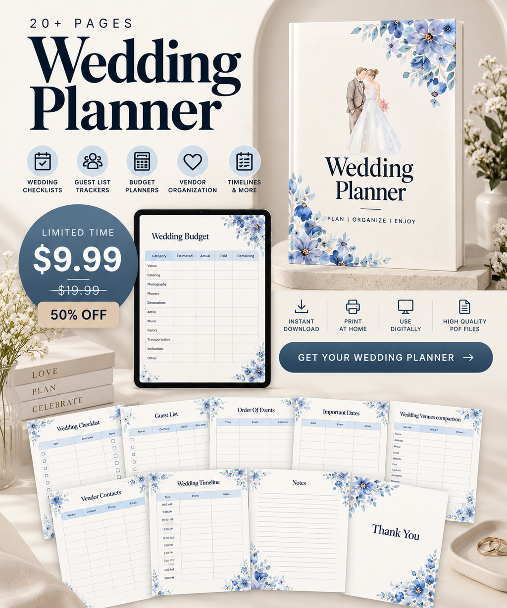 Wedding Planner Canva Template | 20+ Page Wedding Planning Organizer