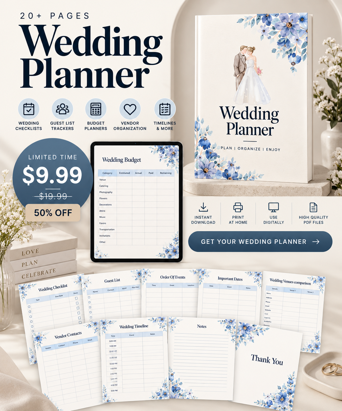 Wedding Planner Canva Template | 20+ Page Wedding Planning Organizer