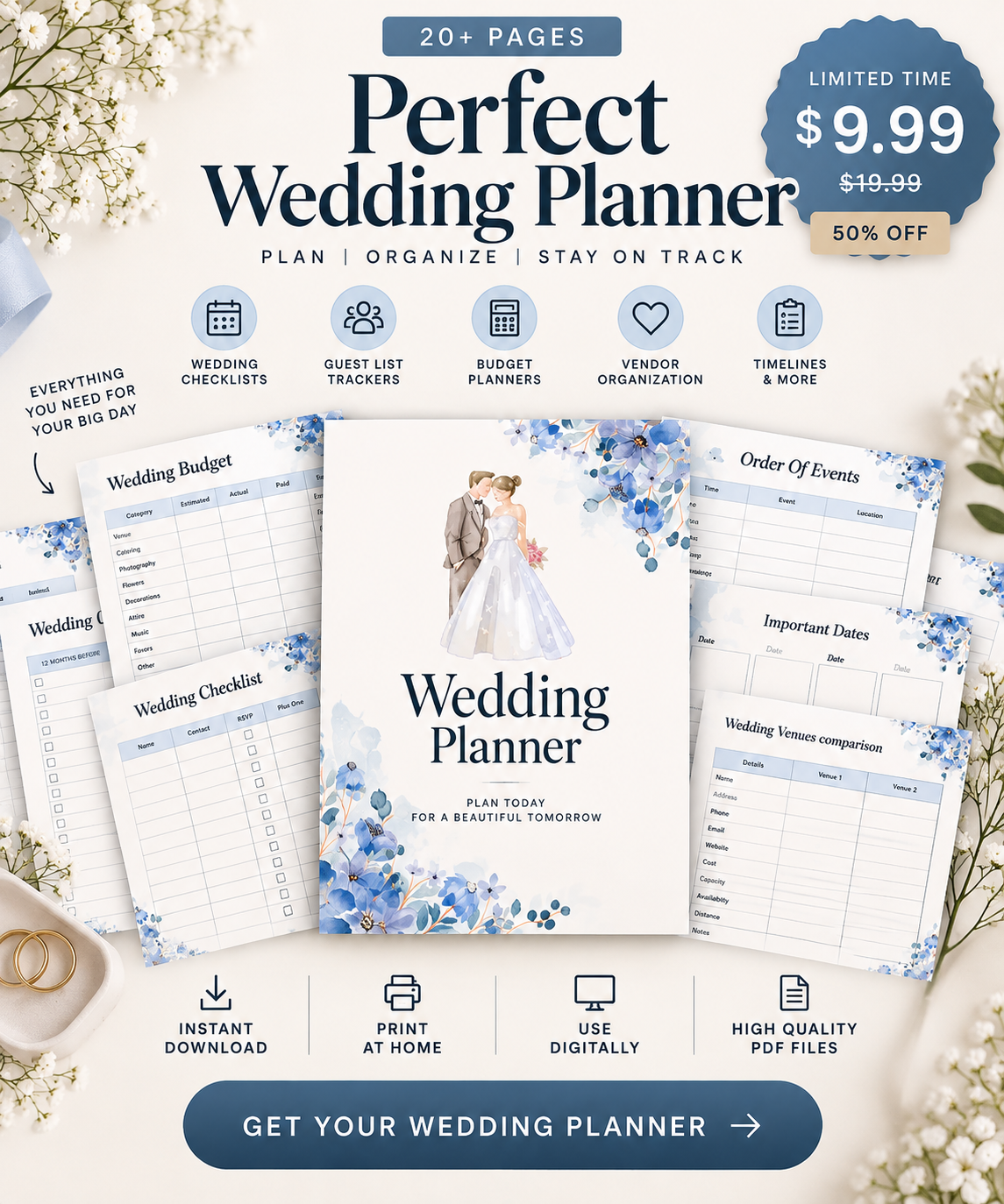 Wedding Planner Canva Template | 20+ Page Wedding Planning Organizer