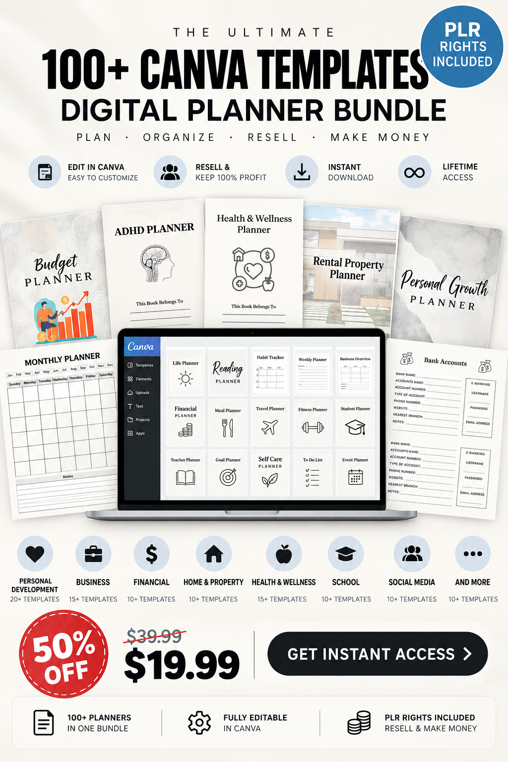 100+ Canva Templates PLR Bundle | Digital Planner Resell Bundle