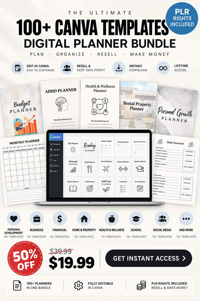 100+ Canva Templates PLR Bundle | Digital Planner Resell Bundle