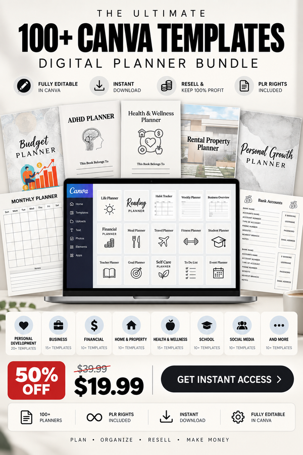 100+ Canva Templates PLR Bundle | Digital Planner Resell Bundle