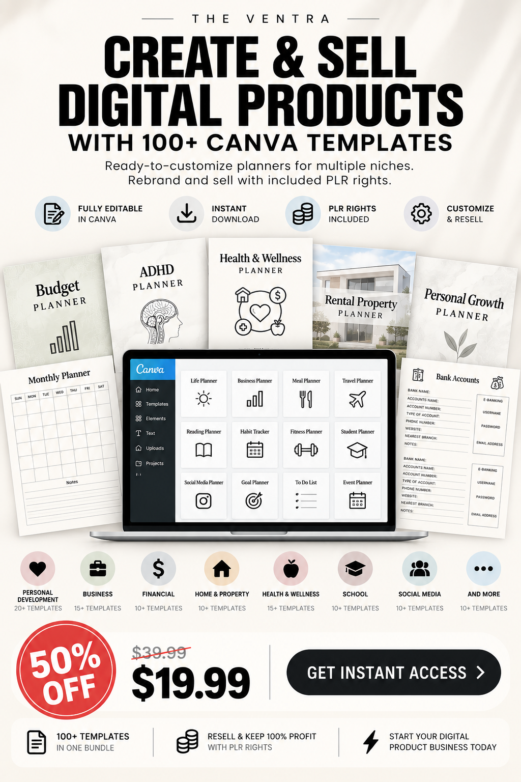 100+ Canva Templates PLR Bundle | Digital Planner Resell Bundle