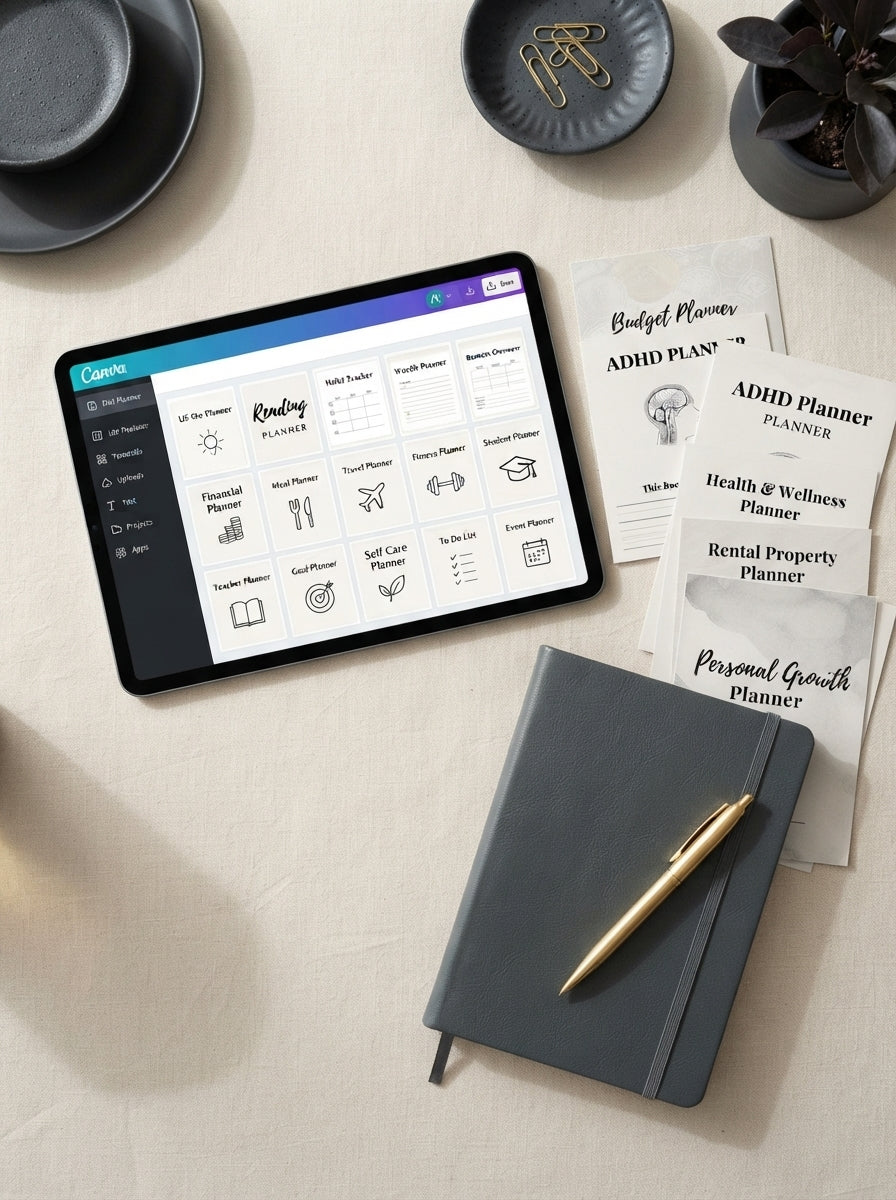 A professional flat-lay showing a digital planner on a tablet with a leather notebook and pen on a warm cream background.