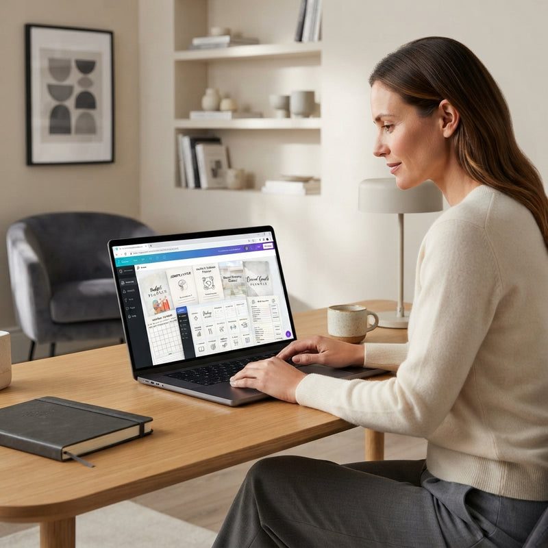 A professional woman working on a digital business planner on a laptop in a modern, elegant office.