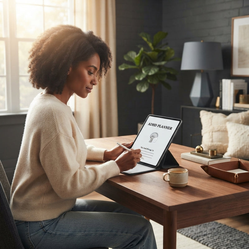 A diverse woman writing in a minimalist digital journal on a tablet at a modern, sunlit desk.