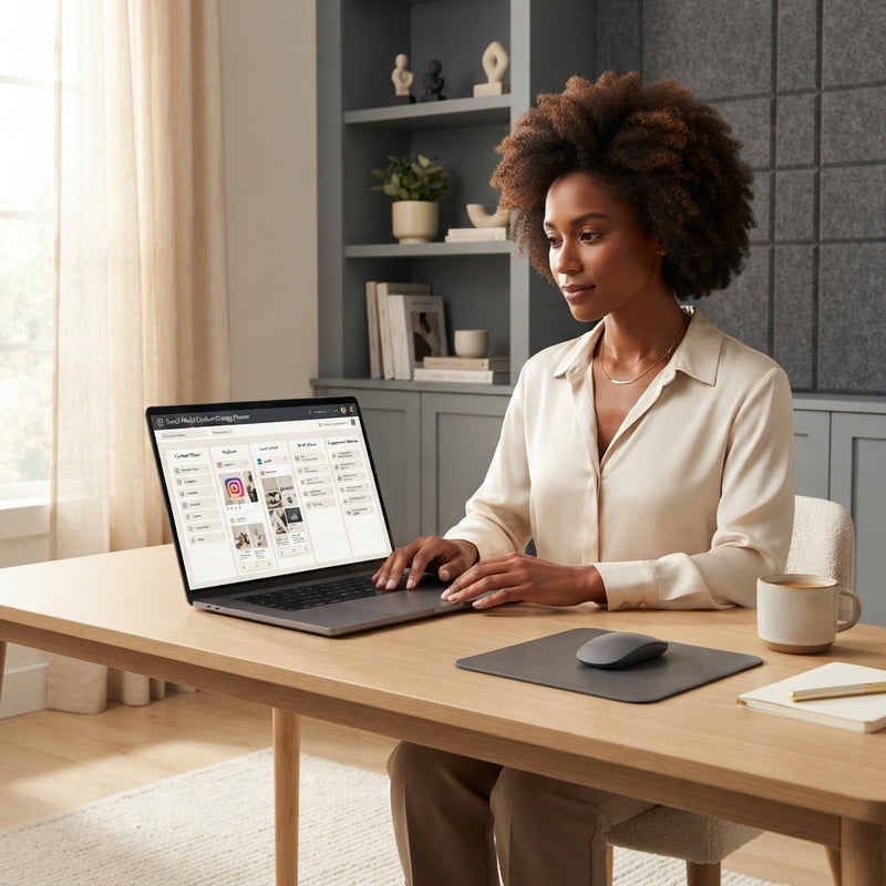 A professional woman working on a laptop in a modern office, planning social media strategy using digital templates.