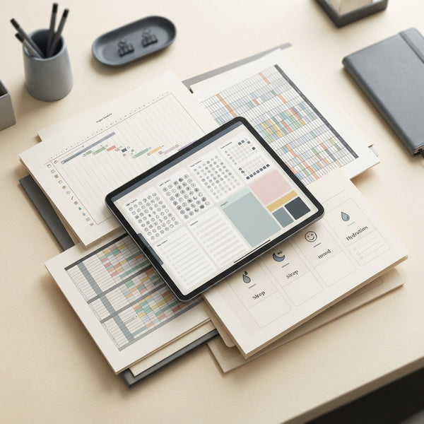A diverse collection of planner pages and tablets representing various categories like finance, wellness, and business on a d
