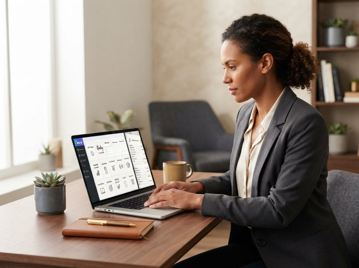 Entrepreneur working on a laptop at a clean desk featuring a digital planner template in a modern, sunlit home office.