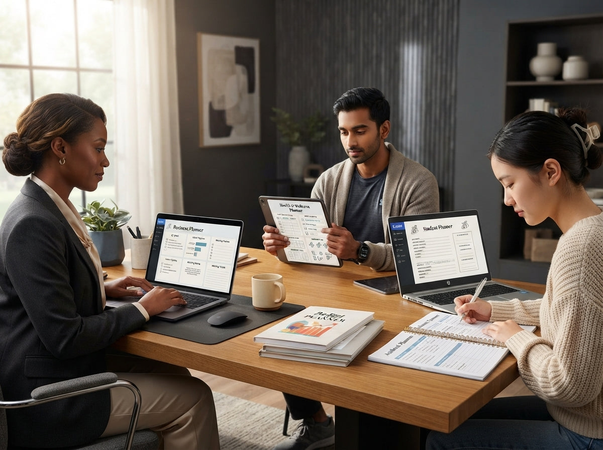 Three diverse people using various digital planners on laptops and tablets in a modern home office workspace.