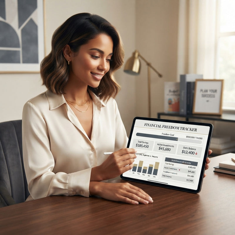 A woman using a tablet displaying a financial freedom tracker template in a modern, professional home office setting.